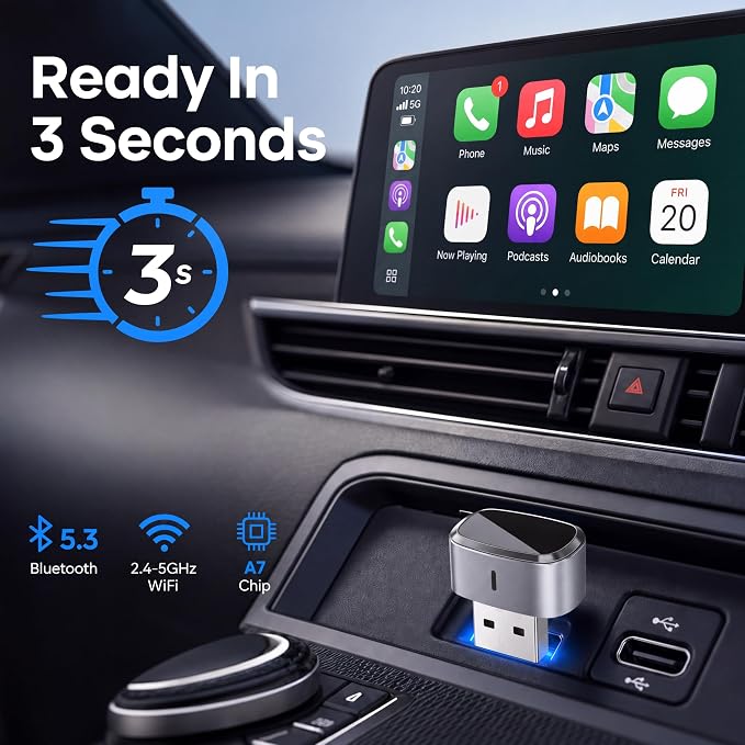 Wireless CarPlay Adapter 2026 for iPhone, Smart Auto-Connect Detects Closest iPhone for Couples & Families, 5GHz Dual-Band, Bluetooth 5.3, USB-A & USB-C, Aluminum, Cars 2016+ iOS 10+, 2-Yr US Warranty