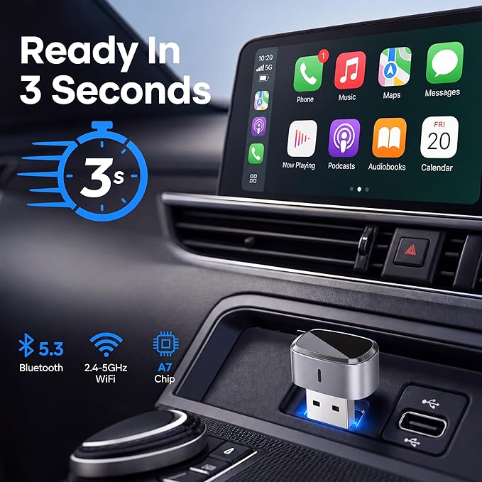 Ultra Compact Multi-User AUTO-Connect Wireless CarPlay Adapter 2026 for iPhone – Fast & Stable 5GHz Dual Band WiFi, Converts Wired to Wireless, USB-A/USB-C, for Cars 2016+, iOS 10+