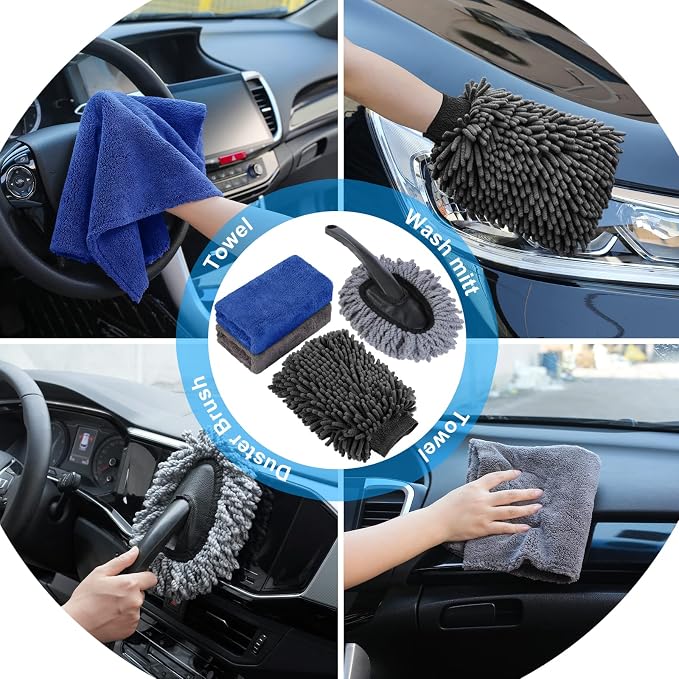 35Pcs Car Wash Detailing Kit Cleaning Kits with Foam Gun Sprayer Collapsible Bucket Brush Large Wash Mitt Towels Complete Interior Exterior Car Washing Supply Set Black