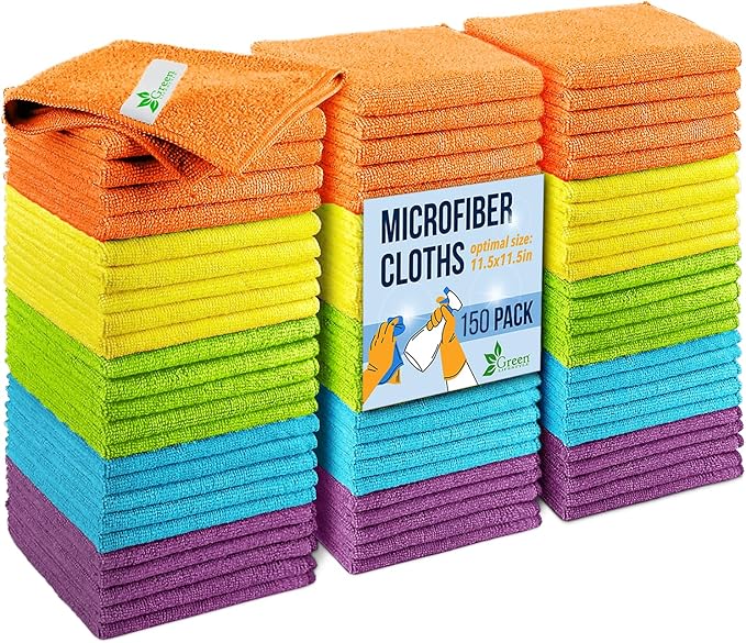 GREEN LIFESTYLE Microfiber Cleaning Cloth 11.5" x 11.5" 150 Pack - Edgeless Microfiber Towels for Cars, Cleaning Rags, Lint Free Car Microfiber Towel, Reusable Cleaning Cloths (Multicolor)