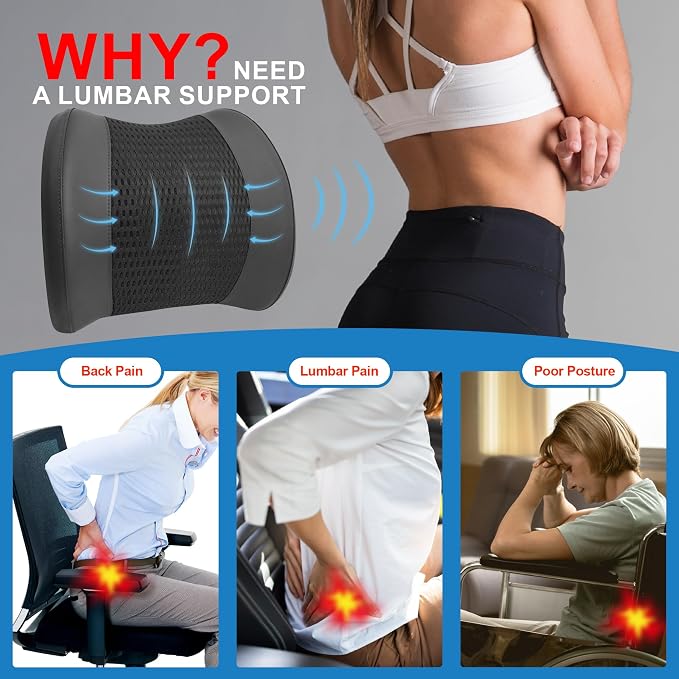 Lofty Aim Memory Foam Lumbar Support Cushion Relieves Lower Back Pain Car Seat Office Chair and Wheelchair Back Pillow with Breathable 4D Mesh Black