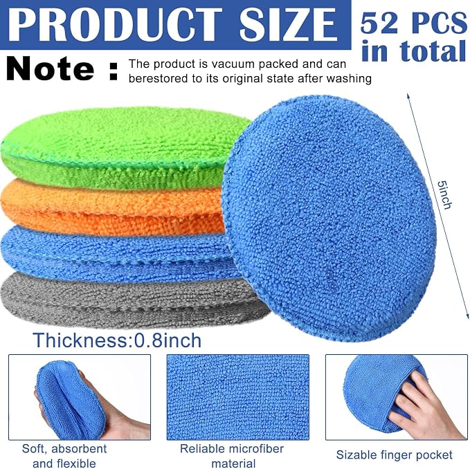 FillTouch 52 Pcs Microfiber Wax Applicator Pad 5" Diameter Soft Wax Pads for Car with Finger Pocket Cleaning Microfiber Polishing Care Foam Sponge for Cars, Truck, Boat, Motorcycle, RV, 4 Colors