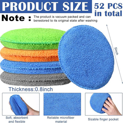 FillTouch 52 Pcs Microfiber Wax Applicator Pad 5" Diameter Soft Wax Pads for Car with Finger Pocket Cleaning Microfiber Polishing Care Foam Sponge for Cars, Truck, Boat, Motorcycle, RV, 4 Colors