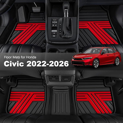 Floor Mats Fit for Honda Civic 2022-2025 2026 Sedan Hatchback Si (Include Sport), with&w/o USB Port | for Acura Integra 2023-2026, All Weather Car Floor Liners, Black & Red (Not for Hybrid)