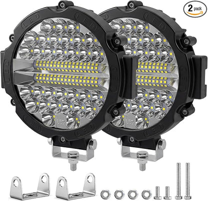 Round LED Off-Road Lights - 7 Inch Led Light Pod 201W 21000lm Auxiliary Driving Work Lights Fog Lamp for Tractor Pickup Trucks Snowmobile Boat SUV RV ATV UTV 4X4 (2 Pack Black)