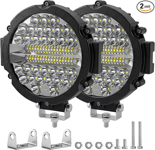 Round LED Off-Road Lights - 7 Inch Led Light Pod 201W 21000lm Auxiliary Driving Work Lights Fog Lamp for Tractor Pickup Trucks Snowmobile Boat SUV RV ATV UTV 4X4 (2 Pack Black)