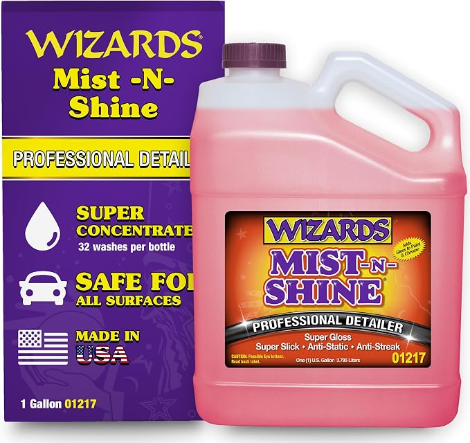 Wizards Mist-N-Shine Professional Car Detailing Spray - Quick Detailer Spray for Cars, Show-Car Gloss, Streak-Free Finish on Paint, Chrome, Glass and Plastic Trim, Wax-Free Formula - 1 Gallon Refill