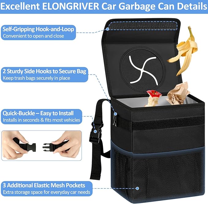 ELONGRIVER Car Trash Can Bin for Back Seat Leak Proof, Cute Car Trash Bag Hanging, Vehicle Trash Can for SUV Truck Van, Automotive Garbage Cans Front Seat Black