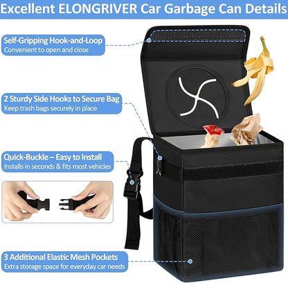 ELONGRIVER Car Trash Can Bin for Back Seat Leak Proof, Cute Car Trash Bag Hanging, Vehicle Trash Can for SUV Truck Van, Automotive Garbage Cans Front Seat Black