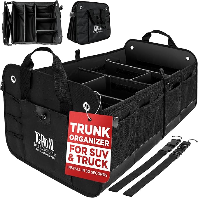 TRUNKCRATEPRO XL Heavy-Duty Trunk Organizer – Reinforced SUV & Truck Cargo Storage with 6 Adjustable Compartments, Non-Slip Base & Securing Straps (Foldable Design, Black)