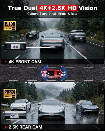 4K +2.5K Dash Cam Front and Rear, Free 64GB Card Included, 5.8GHz WiFi Dash Camera for Cars, Built-in Night Vision, G-Sensor,170°Wide Angle, App Control, 3" IPS, 24H Parking Mode, Max 256GB