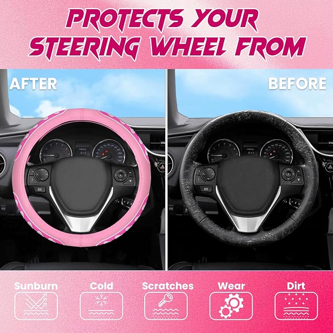 Ventilated Heart-Shaped Steering Wheel Cover with Anti-Slip Leather Grip. Compatible with Ford, Toyota, Honda, Nissan, and Chevrolet Vehicles for 14.5-15.2 inch Round Steering Wheels.