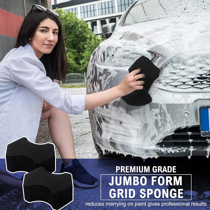 2 Pcs Ultra Black Car Wash Sponge Cross Cut Design Softer Feel Black Foam Sponge for Soap and Rinseless Washes, Car Detailing and Washing