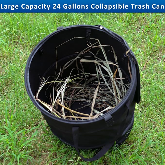 24 Gallons Collapsible Trash Can with Gloves, Camping Trash Can with Lid, Pop Up Garbage Can for Outdoor, Large Capacity Leaf Bags for Yard, Lawn, Reusable Garden Garbage Bag - Black