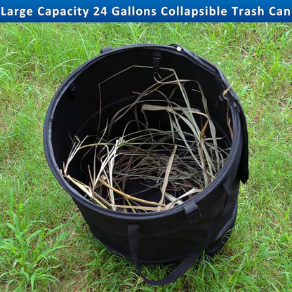 24 Gallons Collapsible Trash Can with Gloves, Camping Trash Can with Lid, Pop Up Garbage Can for Outdoor, Large Capacity Leaf Bags for Yard, Lawn, Reusable Garden Garbage Bag - Black