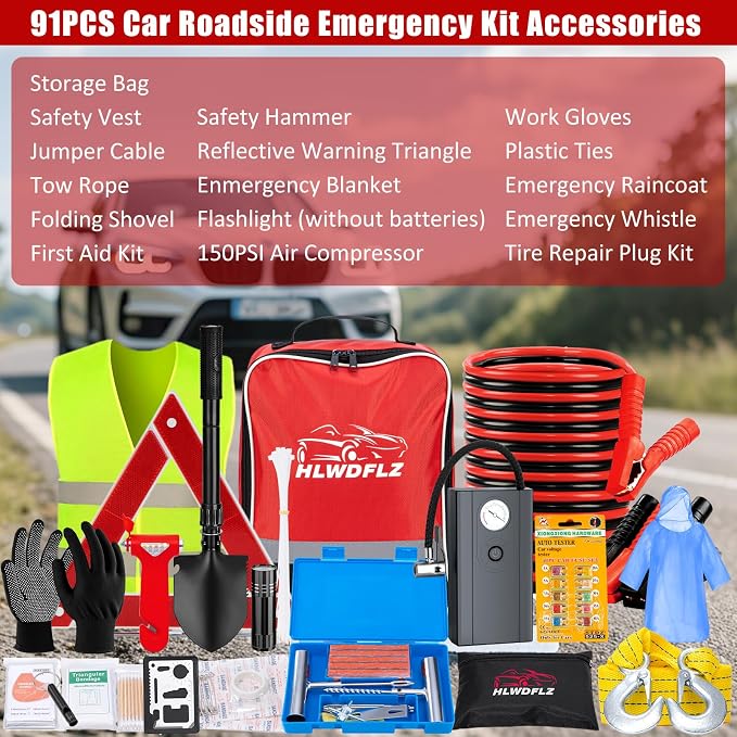 Car Roadside Emergency Kit, Vehicle Truck Safety Emergency Road Side Assistance Kits with Jumper Cables, Red