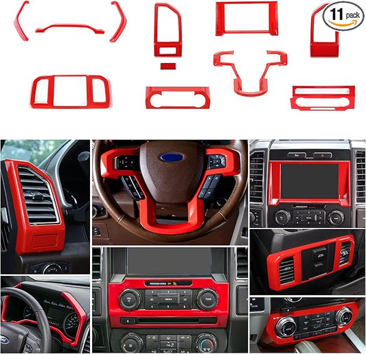 JeCar 11PCS Interior Decoration Trim Kit for Ford F150 2015-2020 Steering Wheel & Center Console Trim Dashboard & Rear Air Conditioner Vent Cover (Red)