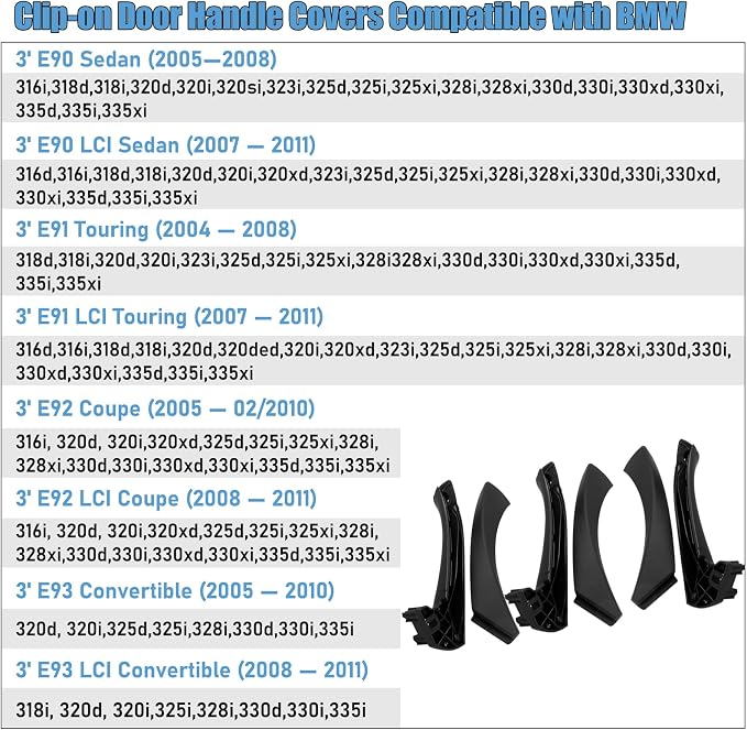 Compatible with BMW 3 Series Door Handle Replacement E90/E91/E92/E93 2004-2011,6PCS Left and Right Passenger Interior Door Pull Handle Set for BMW 318i,320i,323i,325i,328i,330i,335i(Black)