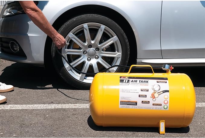 Performance Tool W10011 Hi-viz 11-Gallon Horizontal Portable Air Tank With Tire Air Chuck , Yellow