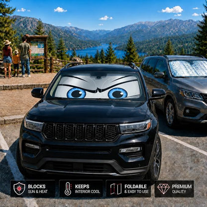 Car Windshield Sun Shade, Funny Eyes Foldable Front Window Sunshade, UV Heat Protection Windshield Cover Universal Fits Crossover Mid-Large Sedan SUV Family Vehicle - 63 x 31.5