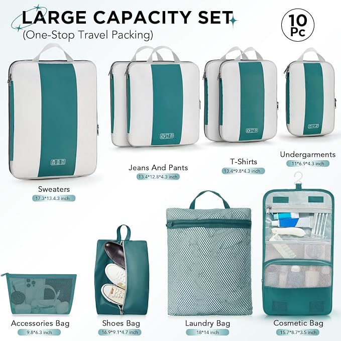 OlarHike 10-Pack Compression Packing Cubes for Travel Essentials,Compressible Expandable Packing Cubes for Suitcase,Luggage Garment Bags for Travel,Handy Helper for Organizing Clothes(Dark Blue Green)