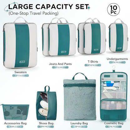 OlarHike 10-Pack Compression Packing Cubes for Travel Essentials,Compressible Expandable Packing Cubes for Suitcase,Luggage Garment Bags for Travel,Handy Helper for Organizing Clothes(Dark Blue Green)