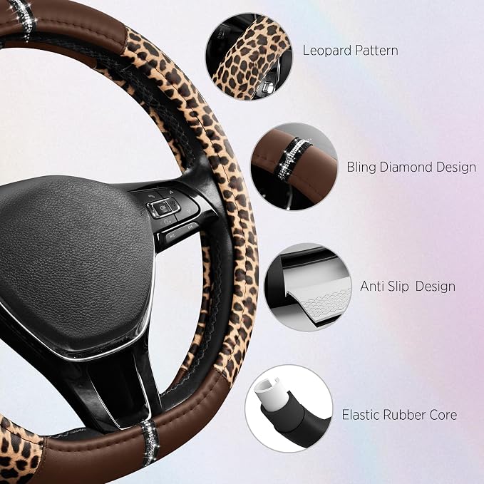 Road Comforts Leopard Steering Wheel Cover for Women, Cute Anti-Slip Microfiber Leather, Fits D Shape Flat Bottom Steering Wheel 14.5-15 Inch - Brown