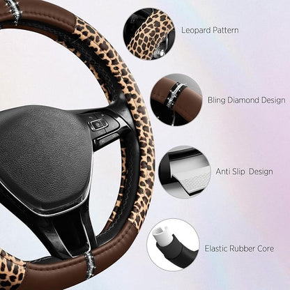 Road Comforts Leopard Steering Wheel Cover for Women, Cute Anti-Slip Microfiber Leather, Fits D Shape Flat Bottom Steering Wheel 14.5-15 Inch - Brown