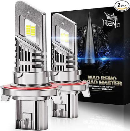 RENO H13 Bulb, 9008/H13 Fog Bulbs 1:1 Mini Size 6000K with Cool Fan Quick Install H13 32000LM Off-Road Use or Fog Plug N Play, Pack of 2
