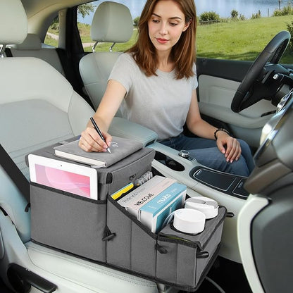 COOLBEBE Car Seat Organizer, Backseat Car Organizer with Cup Holders for Kids and Adults Travel, Cooler Compartment Passenger Seat Organizer Storage Box for Front or Middle Seat, Grey