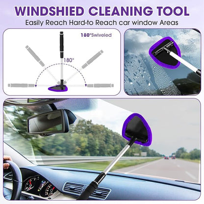 Purple Windshield Cleaner Tool, Car Interior Cleaning Kit with Extendable Handle and 3 Reusable Microfiber Pads, Auto Glass Wiper and Detailing Brush Kit for Car & Home Window