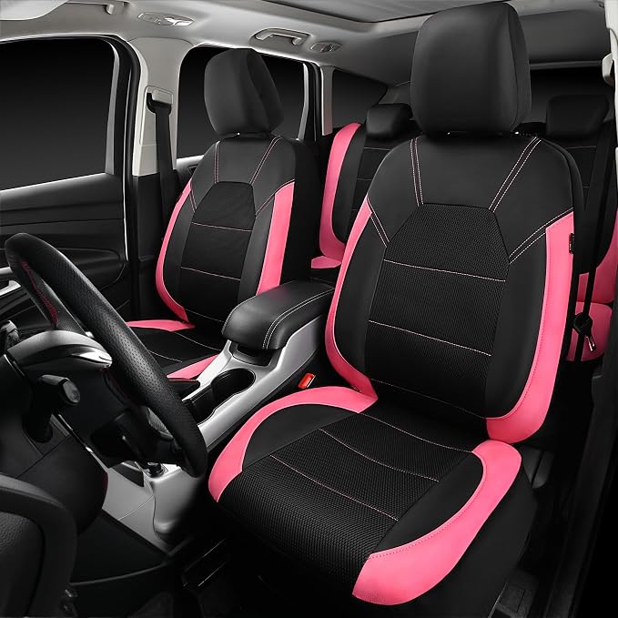 CAR PASS Leather Seat Covers, Breathable Universal Car Seat Cover Full Set for Cute Women Girly,Super 5mm Composite Sponge Inside,Airbag Compatible fits Most Auto,SUVs,Trucks,Vans(Black&Pink)