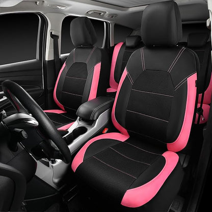 CAR PASS Leather Seat Covers, Breathable Universal Car Seat Cover Full Set for Cute Women Girly,Super 5mm Composite Sponge Inside,Airbag Compatible fits Most Auto,SUVs,Trucks,Vans(Black&Pink)