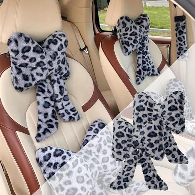 Car Neck Pillow 2PCS Plush Bowknot Car Headrest Pillow – Comfortable Neck Support for Driving Soft Touch Fabric Car Pillow Cute Interior Decor (Blue Leopard)