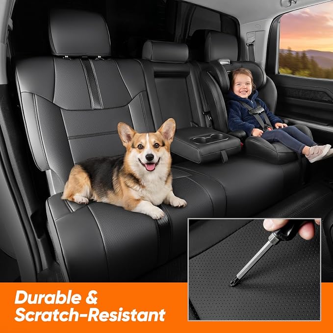 DrCarNow Super Cover Rear Seat Covers for Toyota Tundra 2014–2021 CrewMax (Rear Seats Only), Full Coverage Leather Seat Protectors for Tundra with Carbon Fiber, Truck Pickup Interior Accessories