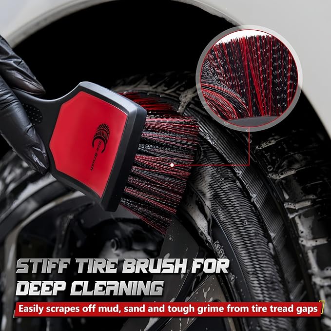 BMLEI Wheel & Tire Brush Set, 2 Pack Car Wheel Brush & Tire Cleaner Brushes, Soft Bristle Rim Brush and Stiff Tire Scrub Brush, Scratch-Free Wheel Cleaning Kit for Car Detailing, Trucks, SUVs