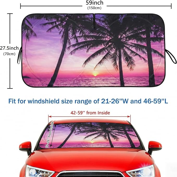 Car Windshield Sun Shade, Vacation Style Car Sun Visor, Front Window Sunshade Universal Fits Sedan SUV Compact Car - 59 x 27.5
