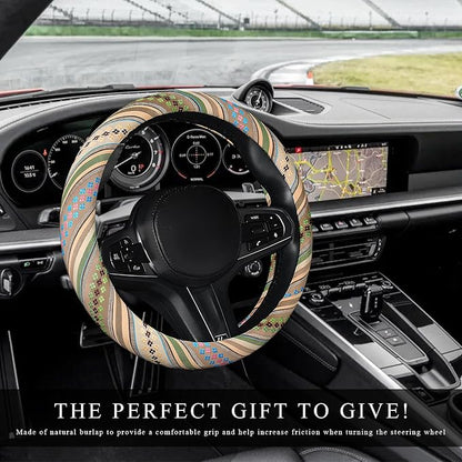 Boho Car Steering Wheel Cover, Ethnic Style Anti-Slip Coarse Flax Cloth Auto Wheel Cover, Bohemian Steering Wheel Protector for Most SUVs Vans Trucks, Car Accessories (Style G)