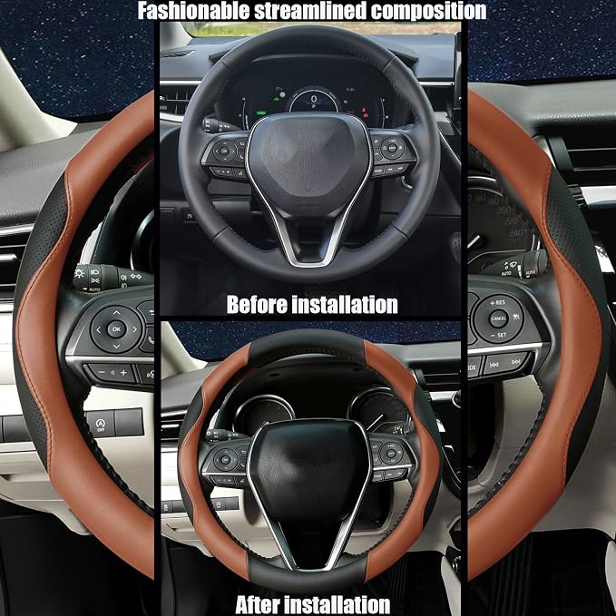 Steering Wheel Cover Universal Standard Size 14.5-15 inch, Non-Folding Packaging, Microfiber Leather, Anti-Slip, Soft Grip, Sporty Design, Fits for Cars SUVs Trucks, Black and Orange