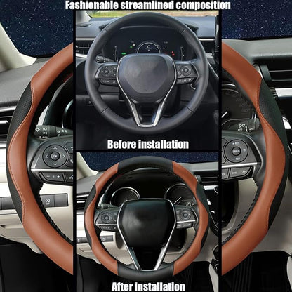 Steering Wheel Cover Universal Standard Size 14.5-15 inch, Non-Folding Packaging, Microfiber Leather, Anti-Slip, Soft Grip, Sporty Design, Fits for Cars SUVs Trucks, Black and Orange