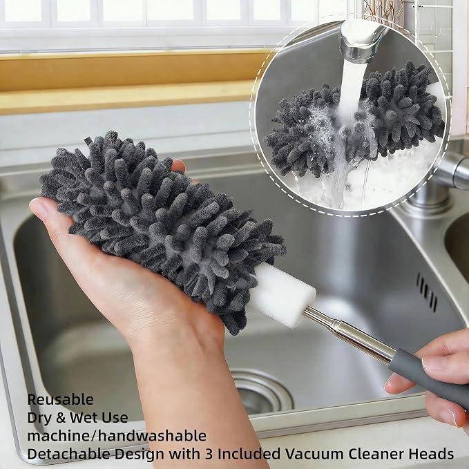 Microfiber Duster for Cleaning, GMLKRY Hand Washable Dusters with 3pcs Replaceable Microfiber Head, Extendable Pole, Detachable Cleaning Supplies for Office, Car, Window, Furniture (Gray)