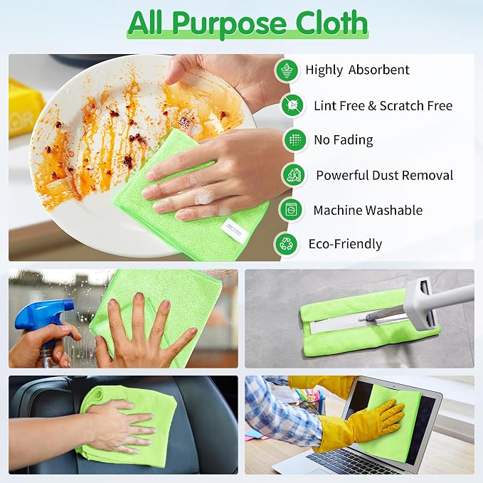 FIXSMITH Sage Green Microfiber Cleaning Cloth -Pack of 12, Highly Absorbent Cleaning Rags, 16"X12" All Purpose Cleaning Towels for Housekeeping, Kitchen, Car, Lint Free and Reusable Microfiber Towels