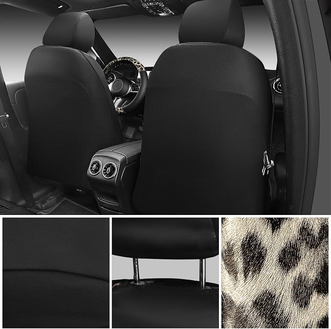 CAR PASS Leopard Print Faux Leather Car Seat Covers & Leopard Car Mats&Leopard Steering Wheel Cover Seat Belt Universal Car Accessories for SUV,Van,Saden,Truck Automobile Interior Sets(Gold Black)