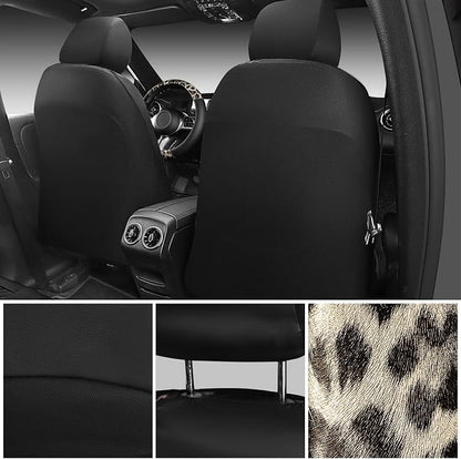 CAR PASS Leopard Print Faux Leather Car Seat Covers & Leopard Car Mats&Leopard Steering Wheel Cover Seat Belt Universal Car Accessories for SUV,Van,Saden,Truck Automobile Interior Sets(Gold Black)