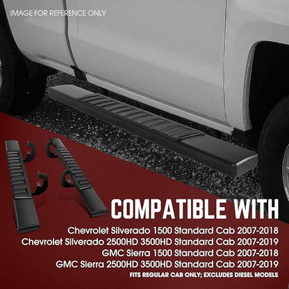 DNA Motoring 6 Inch Wide Flat Running Boards Side Step Bars Compatible with 2007-2018 Chevy Silverado GMC Sierra 1500/2007-2019 Silverado Sierra 2500HD 3500HD Standard Cab, STEPB-A-0003