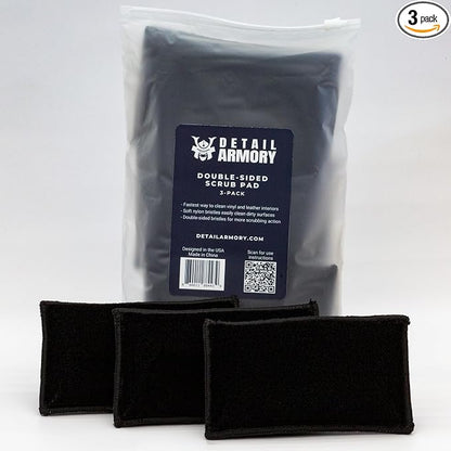 Double-Sided Scrub Pad, Interior Car Cleaning, Effective on Dashboards, Center Consoles, Door Panels, Plastic Trim, Leather Seats, Safe for Leather, Plastic, Vinyl, 3-Pack (Black)