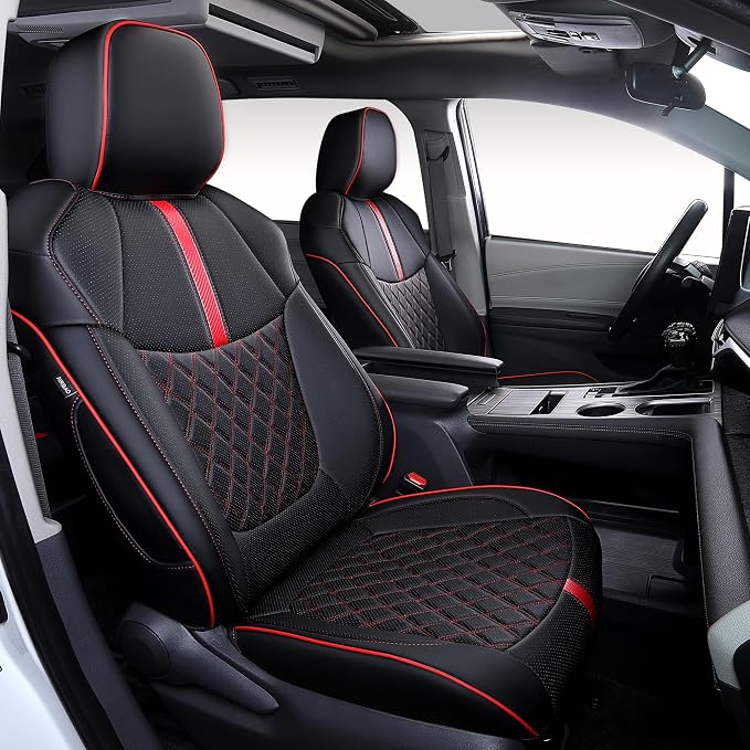 Custom Fit Sienna Seat Covers for 2021-2026 Toyota Sienna LE XLE 8-Passenger, Waterproof Faux Leather Full Set Airbag Compatible 3-Row Car Seat Protectors (Black+Red)