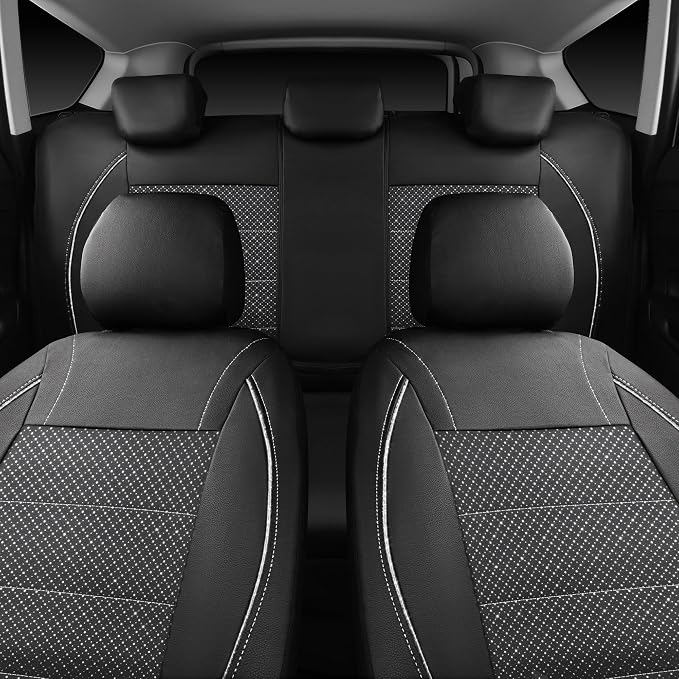 CAR PASS Piping PU Leather Car Seat Cover Full Set, Inside Zipper Design and Reserved Opening Holes, Airbag Compatible,Universal FIT for Car, SUVs,Van,Trucks（Full Set, Black & Silver