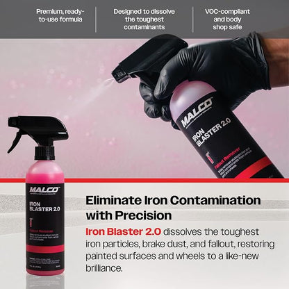 Malco Iron Blaster Fallout Remover - Dissolves Contaminants from Vehicles Such as Rail Dust, Industrial Fallout and Iron Deposits/Restores Paint to a Bright Finish / 16 Oz. (263016)