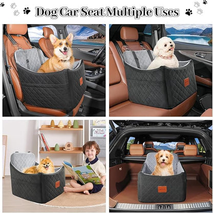 Dog Car Seat for Small Medium Dogs,Detachable Washable Dog Booster Seat Under 35lbs, Pet Car Seat Travel Bed with Storage Pockets and Safety Belt (Black/Grey, Medium)